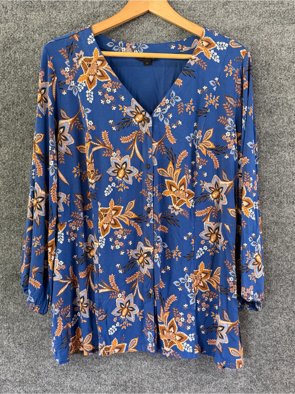 J Jill Wearever Womens 2X Tunic Top Blue Floral Paisley Button Front V-Neck